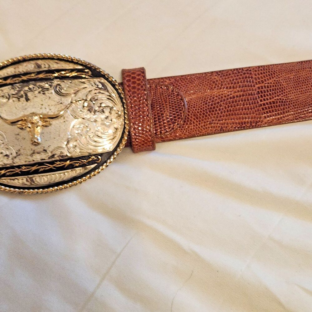 Montana Silversmiths Longhorn Buckle Corral Teju Lizard Skin Belt Size 34 - Picture 4 of 15